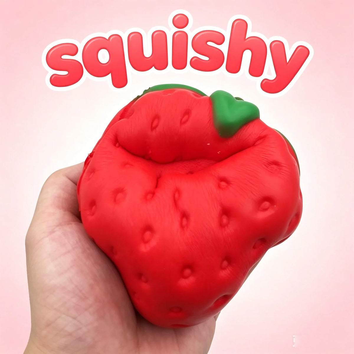 Red strawberry-shaped squishy stress toy with green leaves, held in a hand.