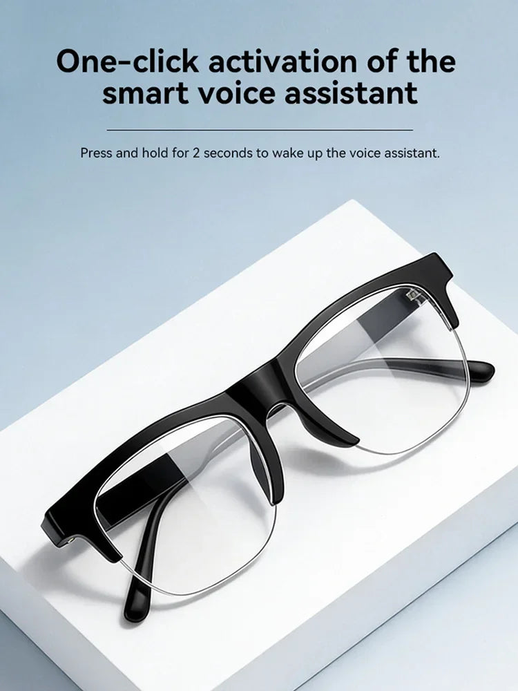 Black smart glasses with clear lenses and thin curved frame arms