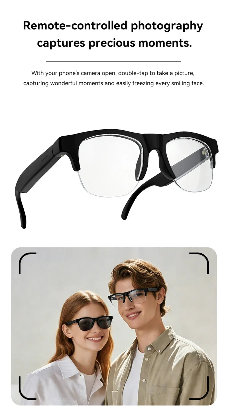 Smart AI glasses set: black-framed sunglasses with dark lenses and clear plain lenses.