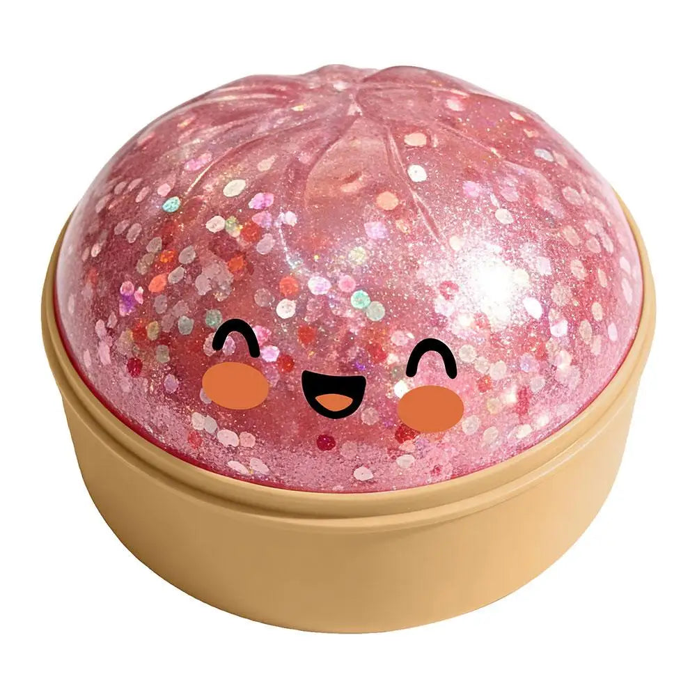 Pink glitter dumpling squishy stress ball toy with cute smiling face