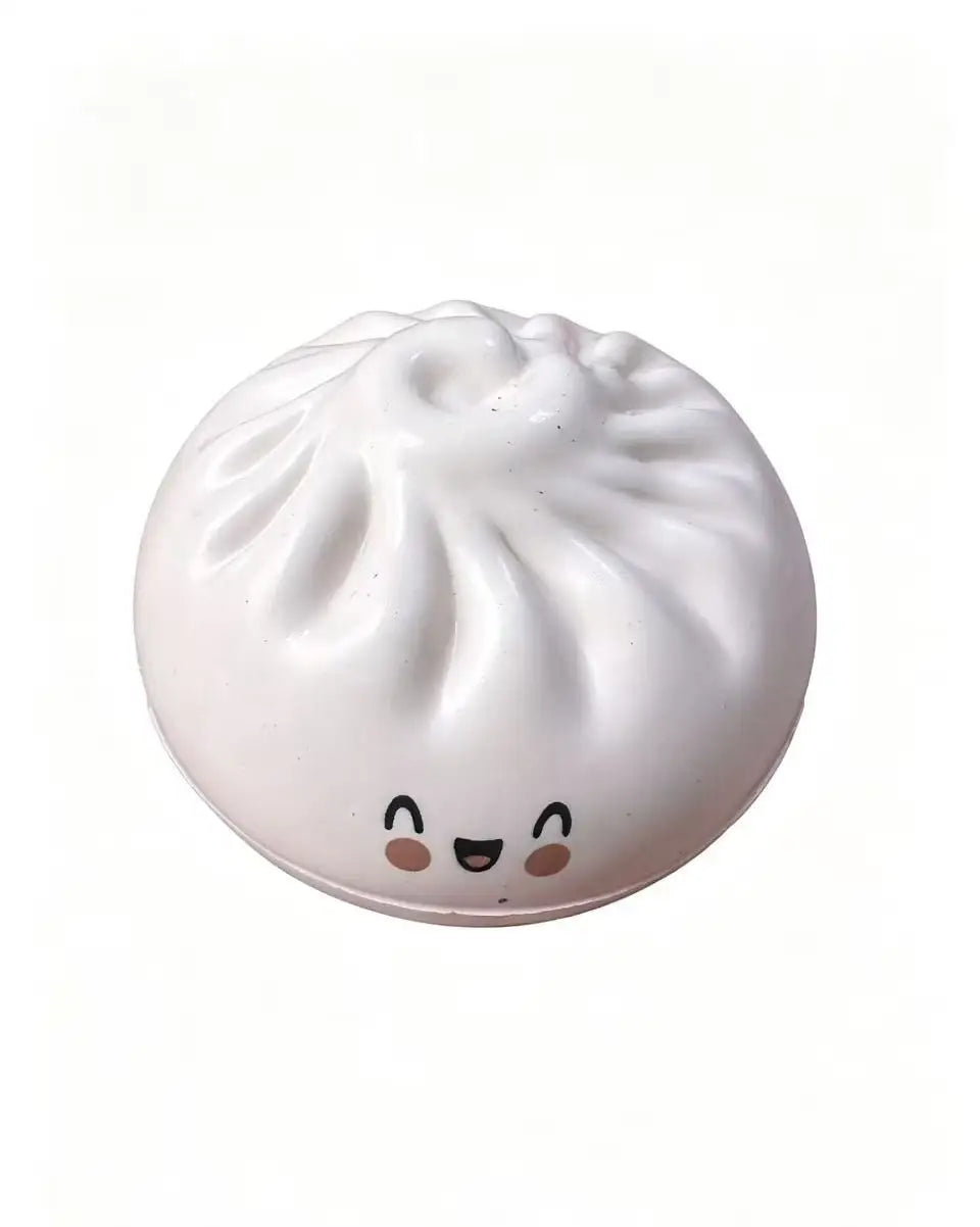 Cute white dumpling squishy toy with smiling face and steamed bun texture