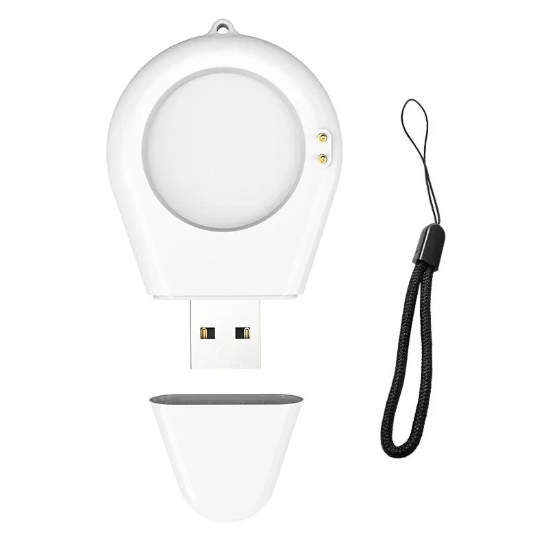 White smartwatch charging dock stand adapter with USB plug and included charging cable