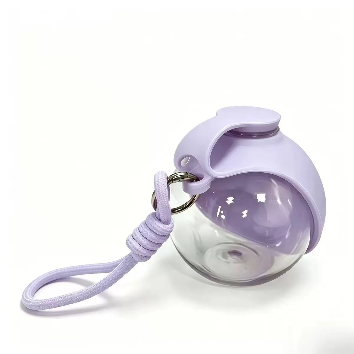 Portable pet water bottle with foldable bowl, lavender bottle with purple wrist strap