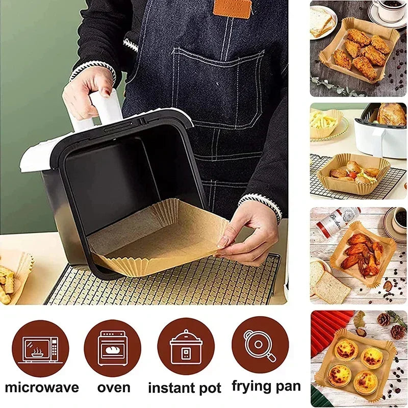 Non-stick air fryer paper liner being placed in basket tray, ridged parchment sheet