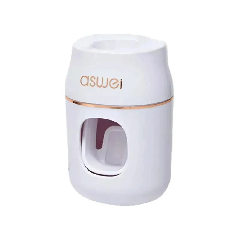 Close-up of white automatic toothpaste dispenser body with front gel window