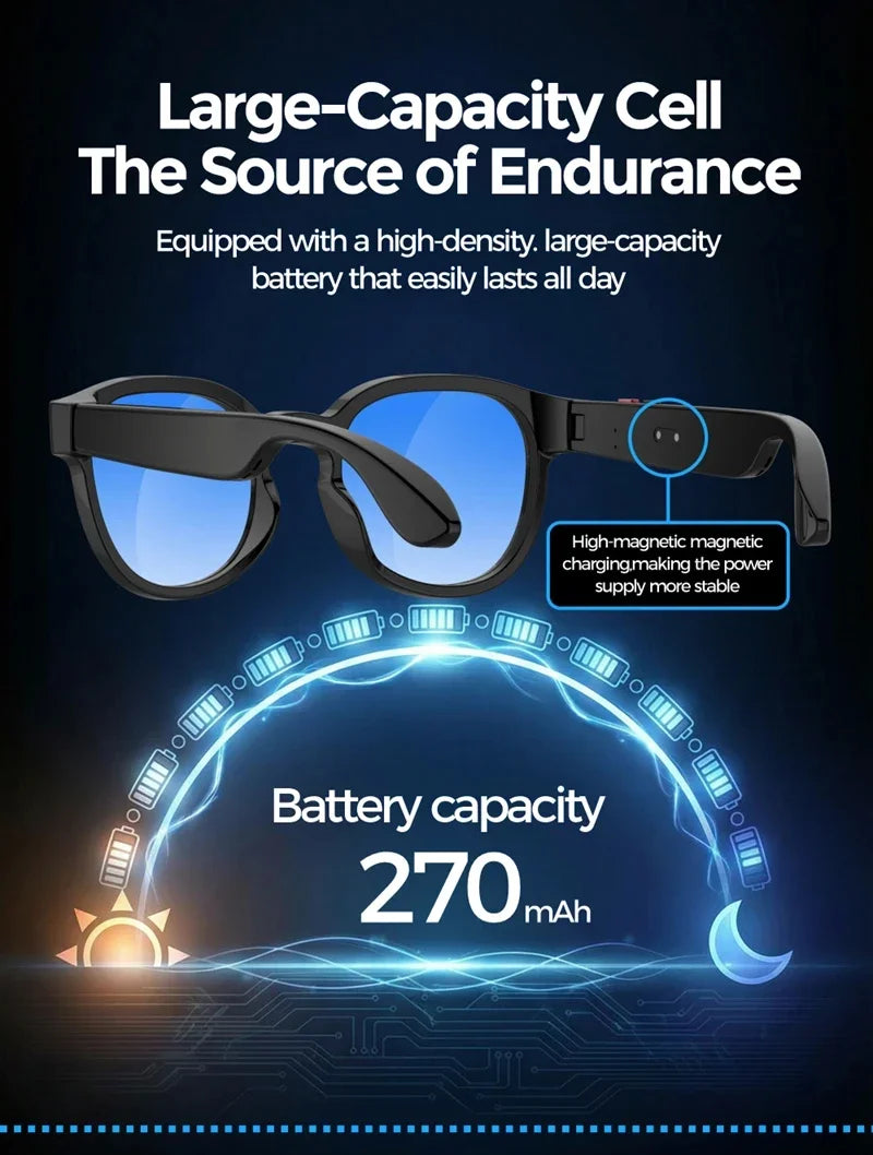 Black smart sunglasses with magnetic charging port and blue-tinted lenses, 270mAh battery