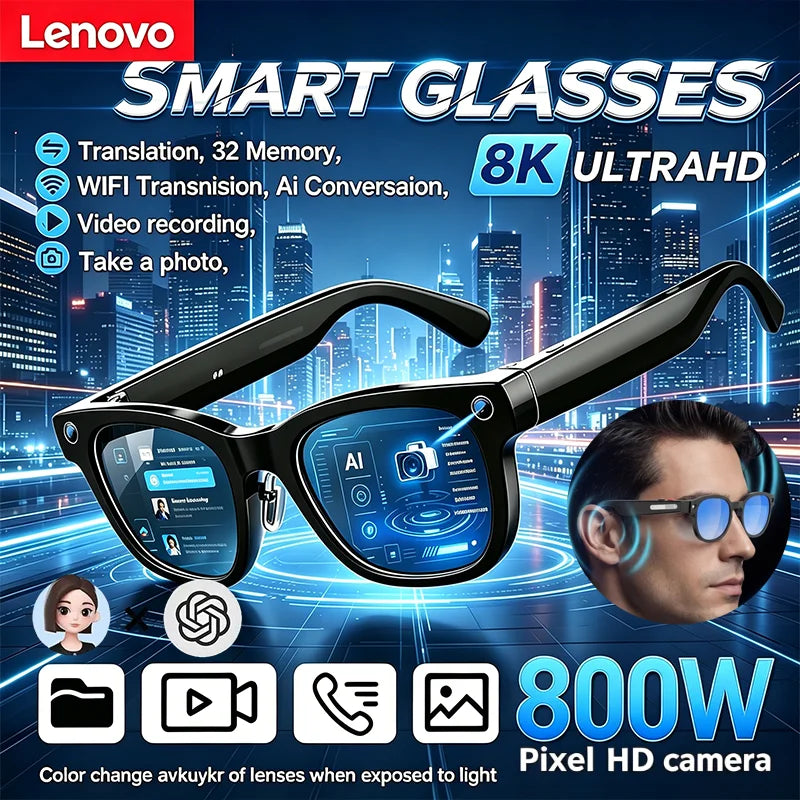 Smart sunglasses with black frame, front camera module, and dark lenses