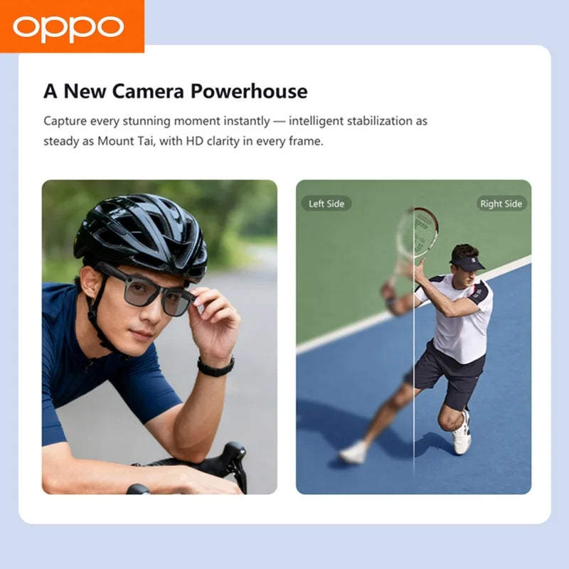 Black smart glasses with dark lenses worn during outdoor activity