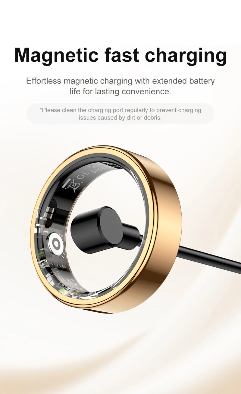 Gold smart health ring with magnetic charging dock contact pins