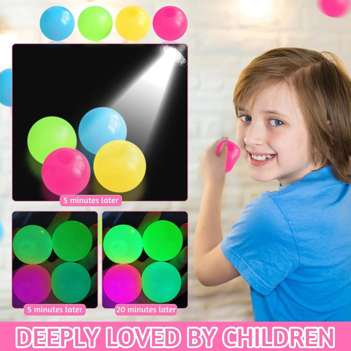 Glow sticky balls with a child holding a pink ball in a colorful display
