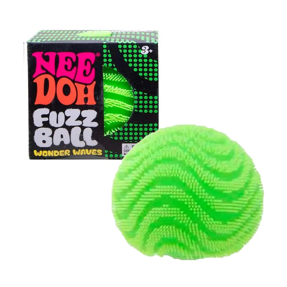 Green wavy-pattern fuzz stress ball with desktop toy box