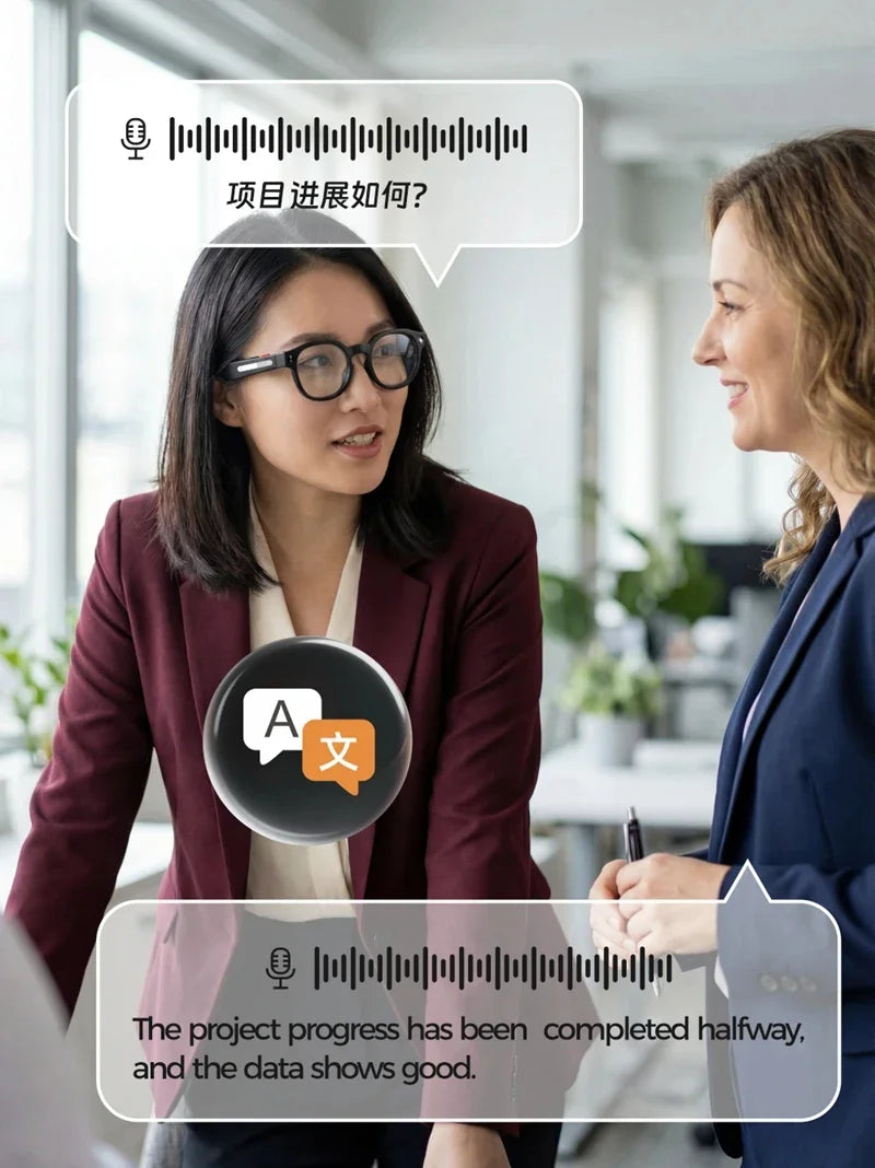 Black smart sunglasses on a woman during conversation with translation microphone icon overlay
