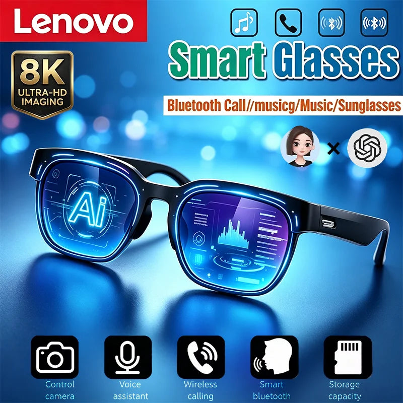 Black smart audio glasses with dark lenses and glowing blue AI display panels