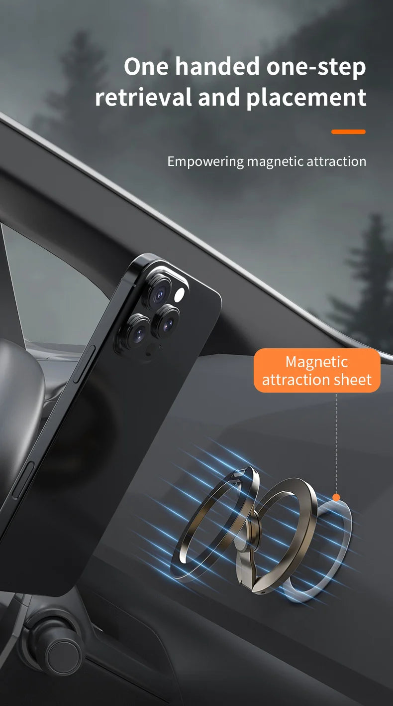 Magnetic phone stand with springlike gyroscope stem for one-handed placement