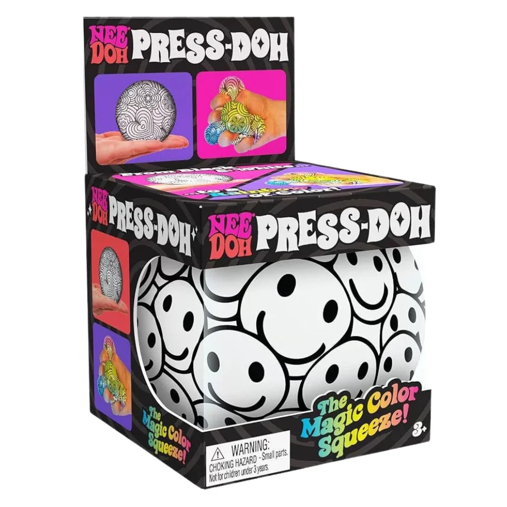 NeeDoh Press-Doh blind box featuring white-and-black cartoon face stress ball design