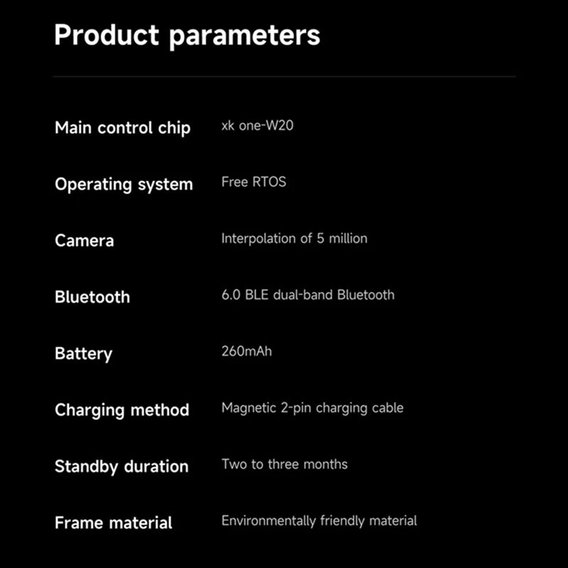 Black smart glasses product specs close-up with dark tinted lenses