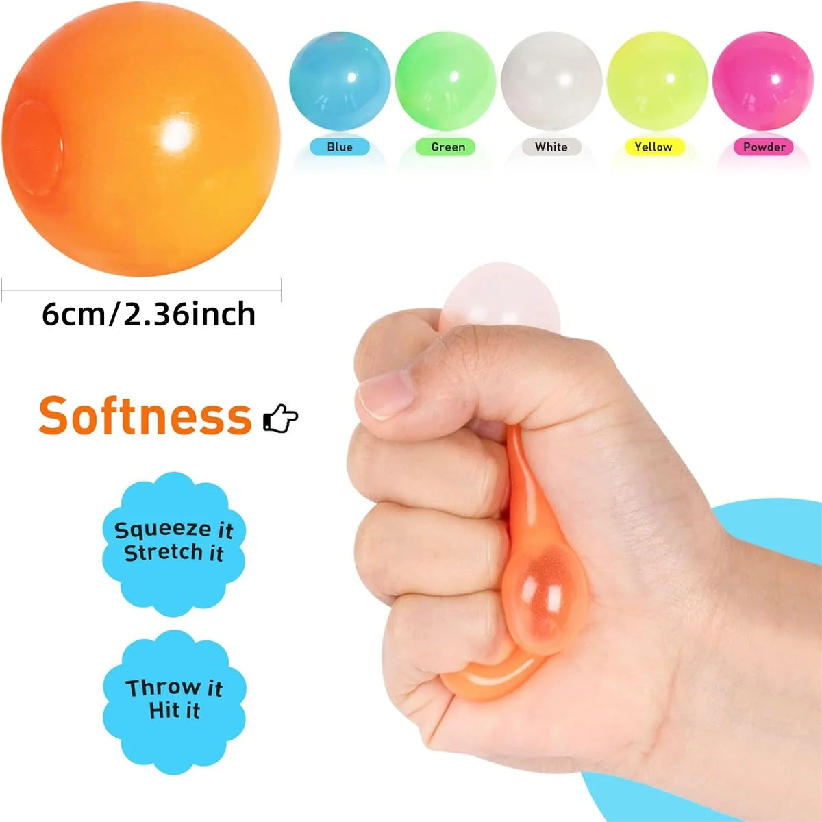 Assorted glow sticky balls; hand squeezes a translucent orange ball