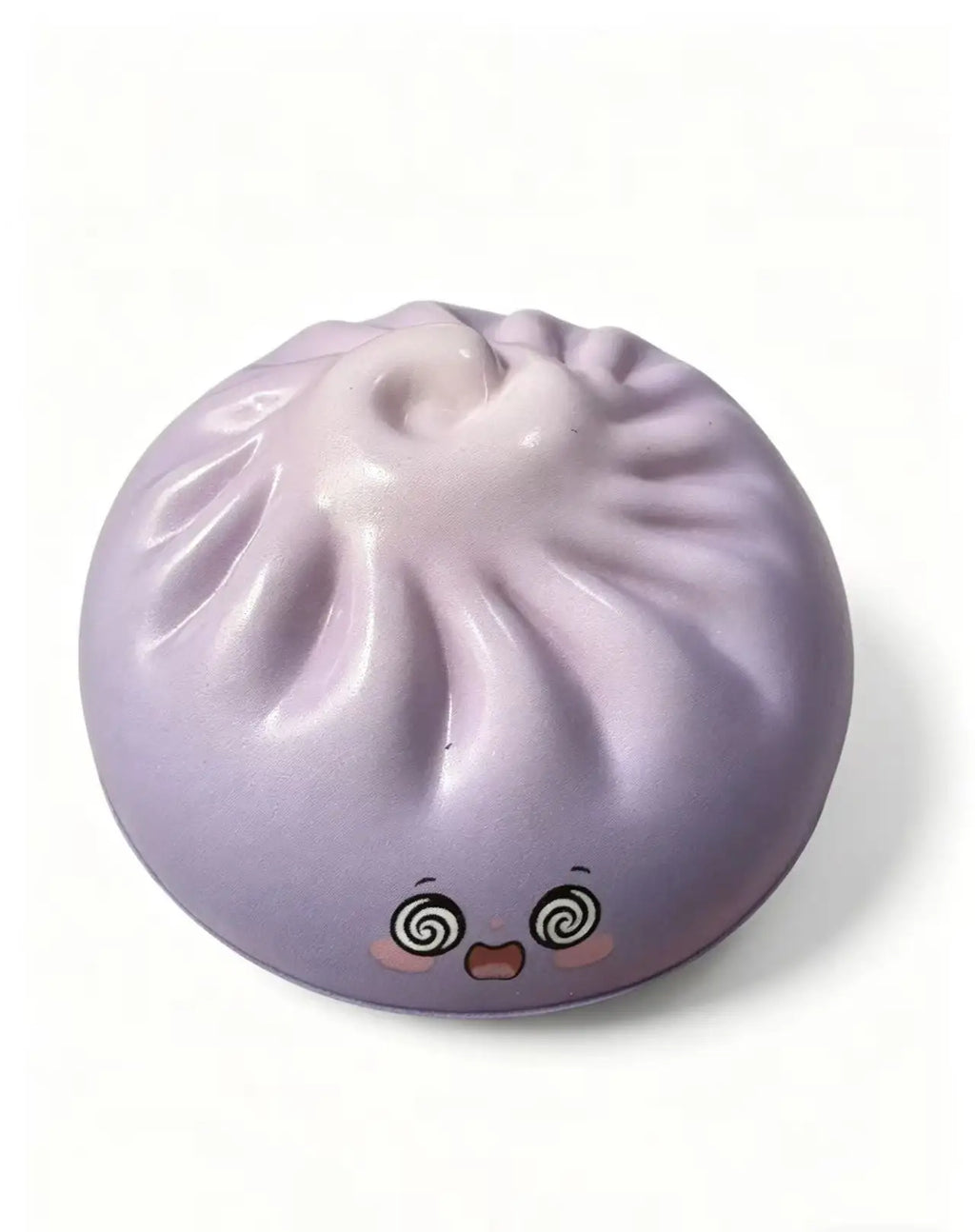 Lilac dumpling squishy toy with smiling face and swirl eye details
