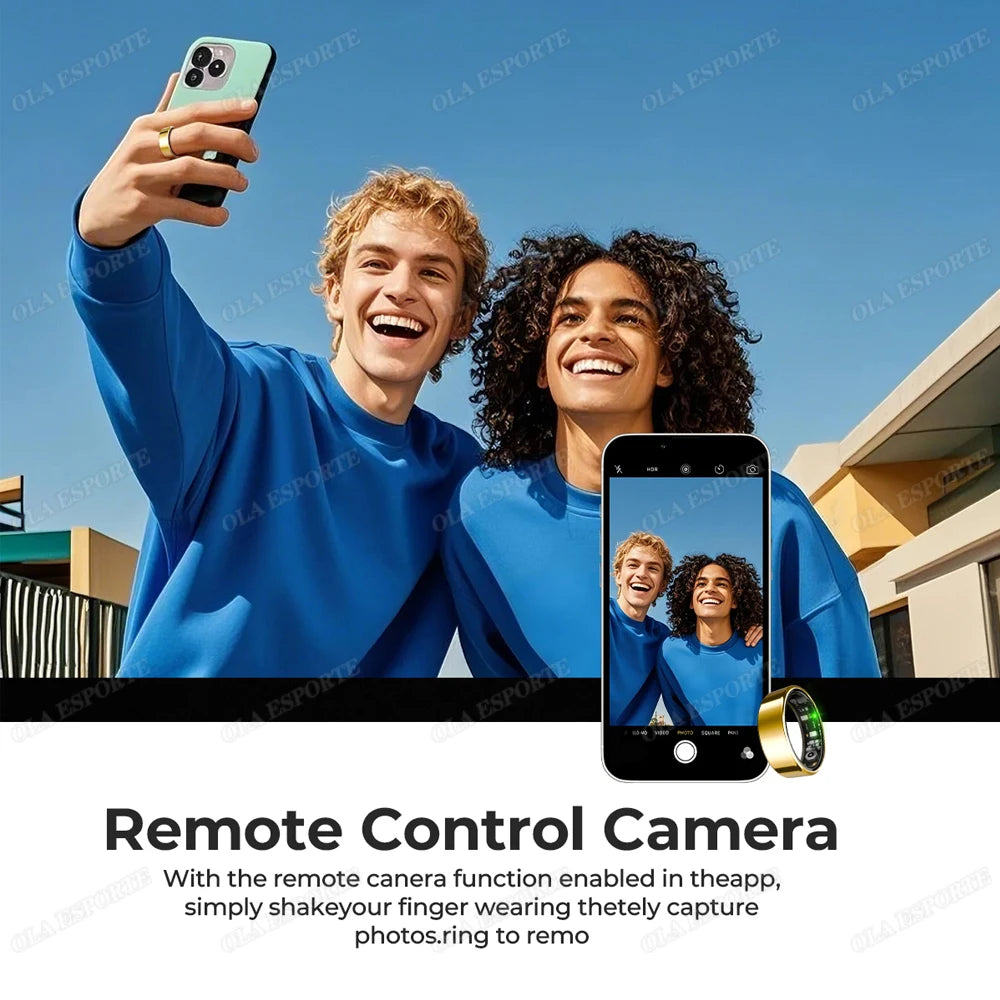 Smart health ring remote camera feature shown on smartphone with glowing ring indicator