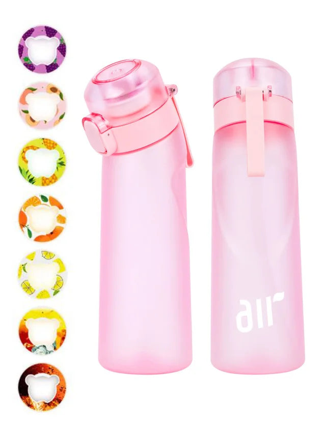 Leak-proof air water bottle with straw, transparent rose pink finish, flip-top lid