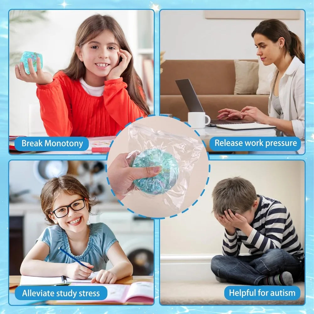 Turquoise ocean-themed squishy stress ball cube held by a hand among other activities