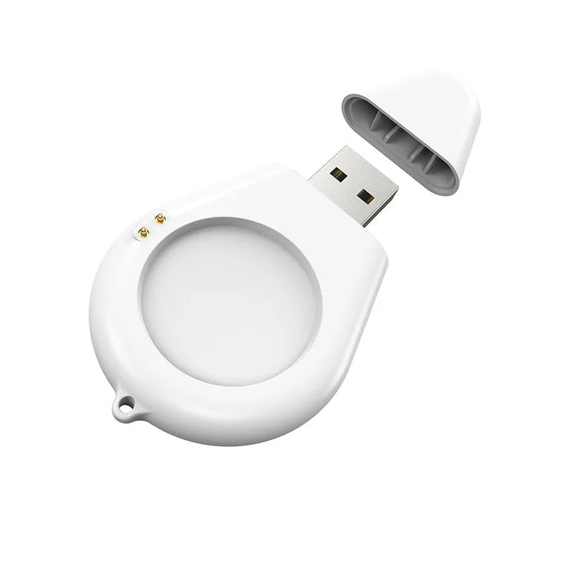 White smartwatch charging dock stand adapter with USB plug, angled view of charging base