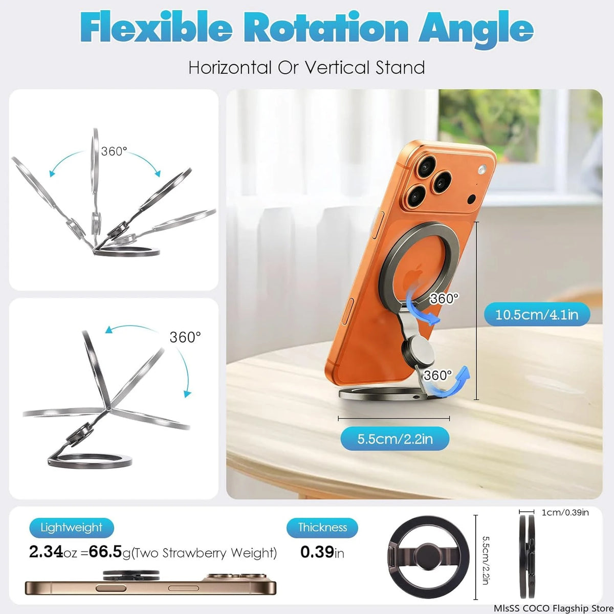 Flexible rotation magnetic phone holder stand with 360-degree adjustable ring