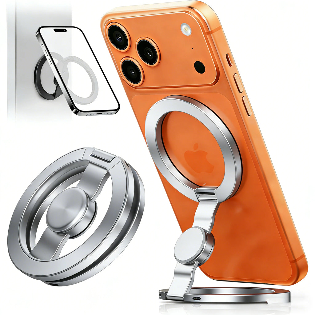 Silver rotating gyroscope phone holder stand with circular magnetic ring mount