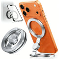 Silver rotating gyroscope phone holder stand with circular magnetic ring mount