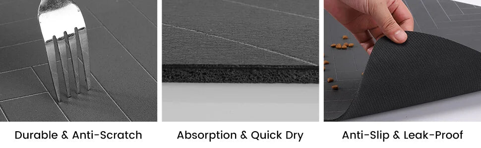 Pet feeding mat closeups: anti-scratch edge, absorbent top, and non-slip leak-proof base