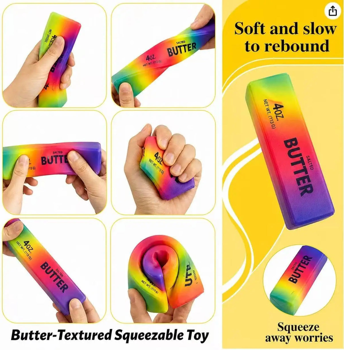 Rainbow butter-stick squishy toy shown being squeezed by hands