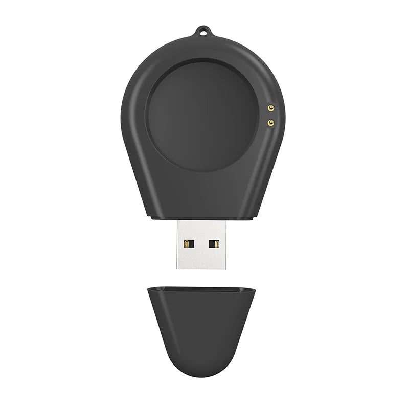 Black smartwatch charging dock stand adapter with USB plug, round magnetic charging area