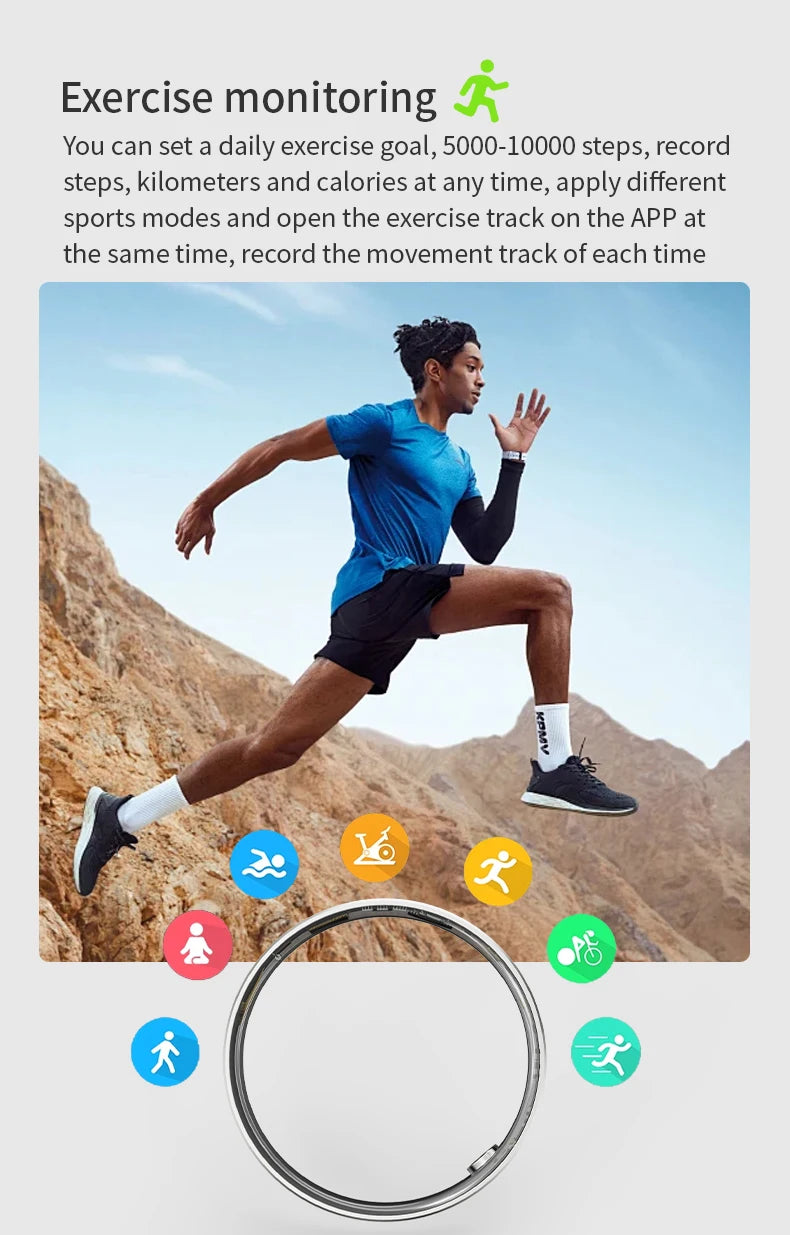 Silver smart health tracker ring shown with exercise monitoring icons