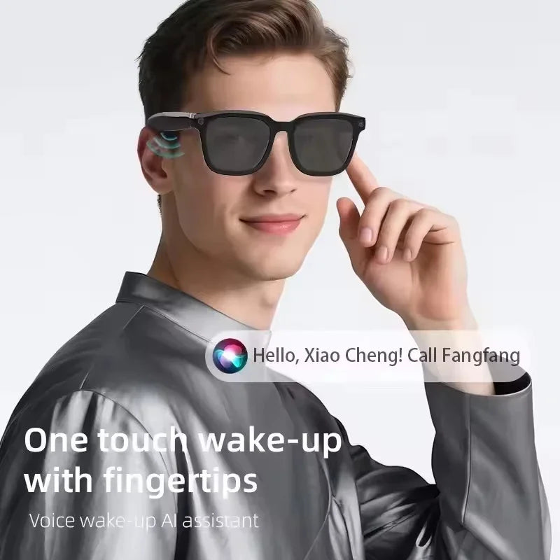 Black smart sunglasses on a person, wide lenses and sleek frame