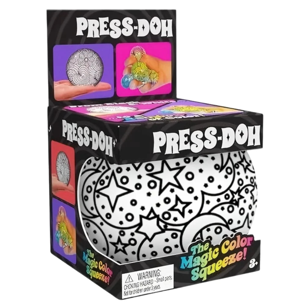 NeeDoh Press-Doh blind box showing a white-and-black star doodle stress ball