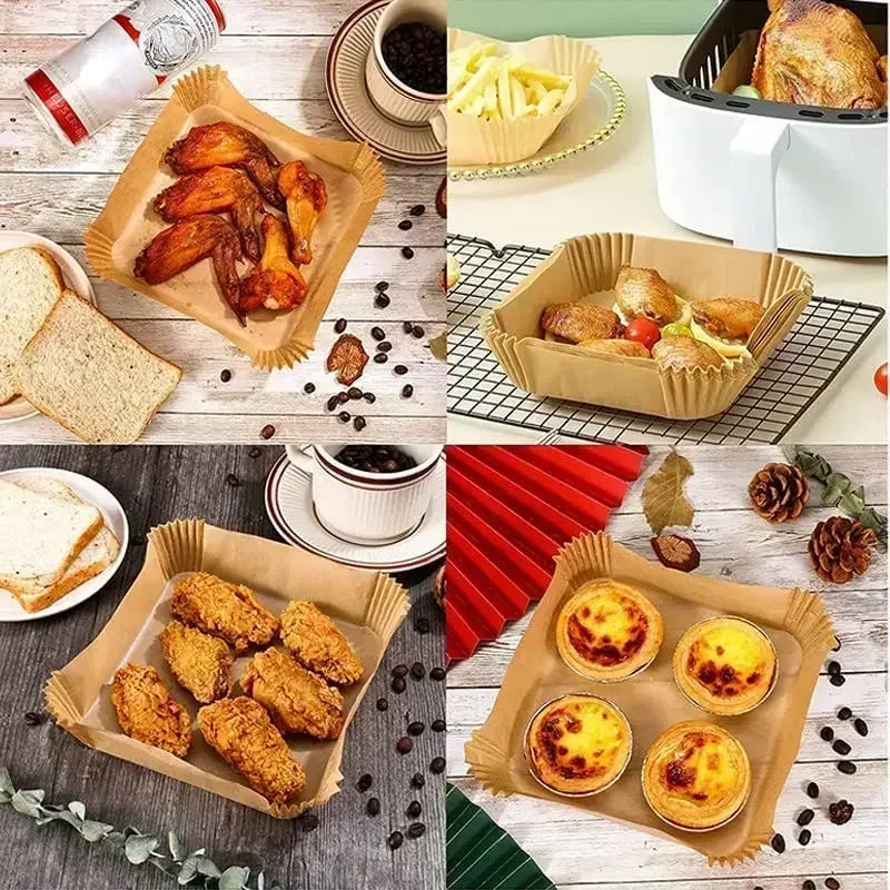 Air fryer paper liners holding baked breaded pieces and muffins on a kitchen surface