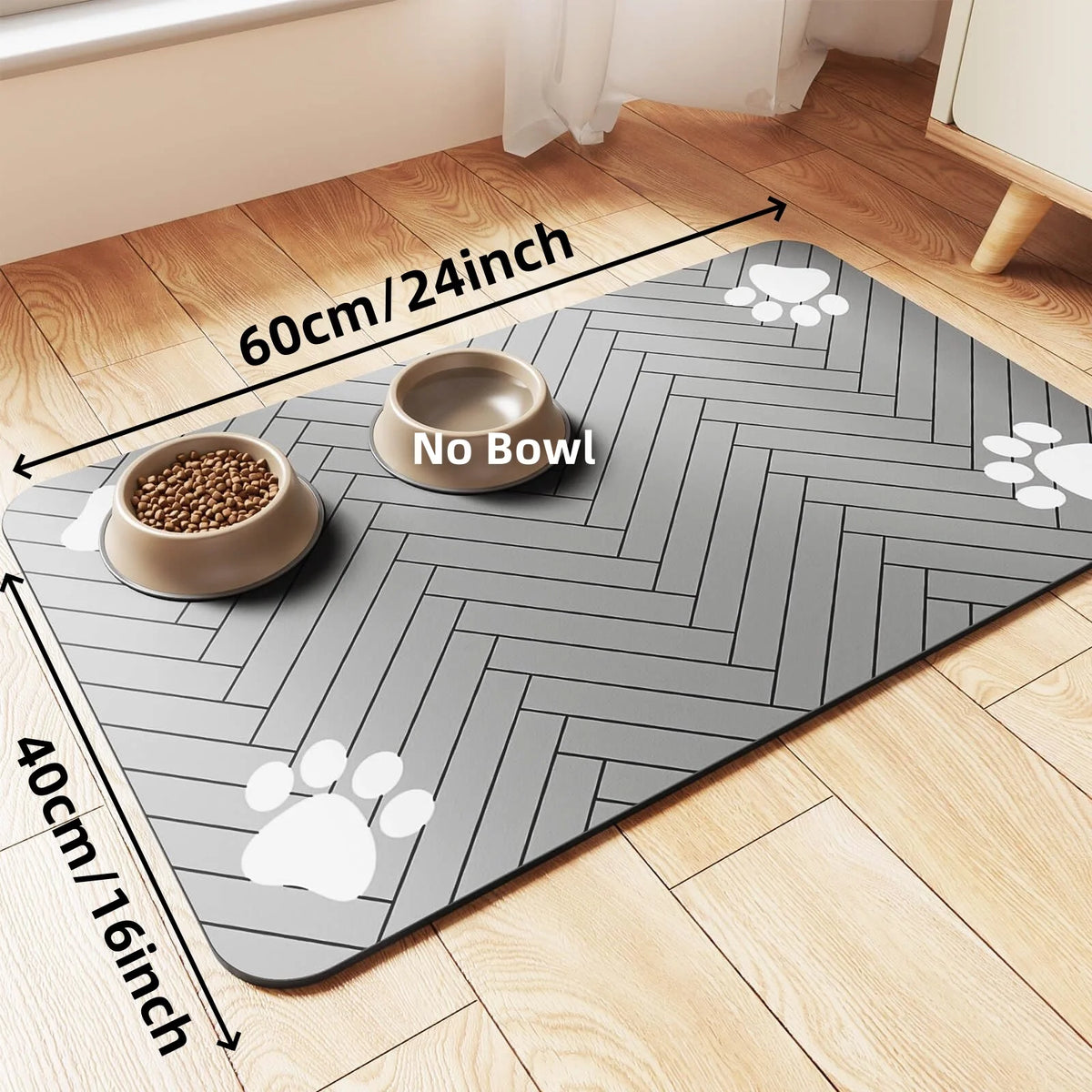Pet feeding mat with paw-print design, gray, 60x40cm (24x16in) for food and water