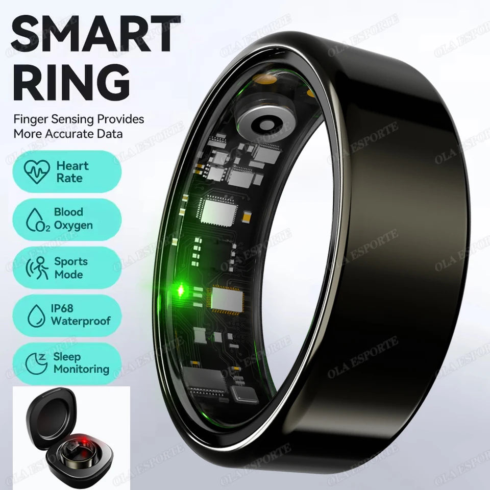Black smart health ring with glowing sensor interior, angled front view