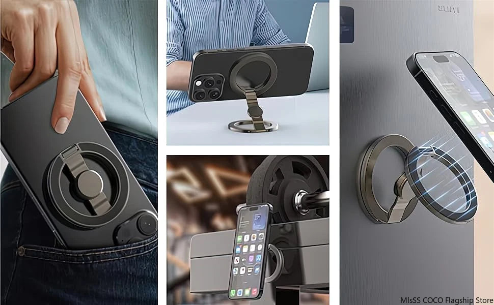 Black rotating phone holder with circular ring grip holding a smartphone