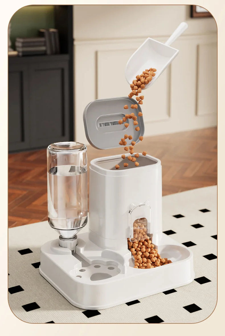Automatic pet feeder and water dispenser with open hopper and kibble falling