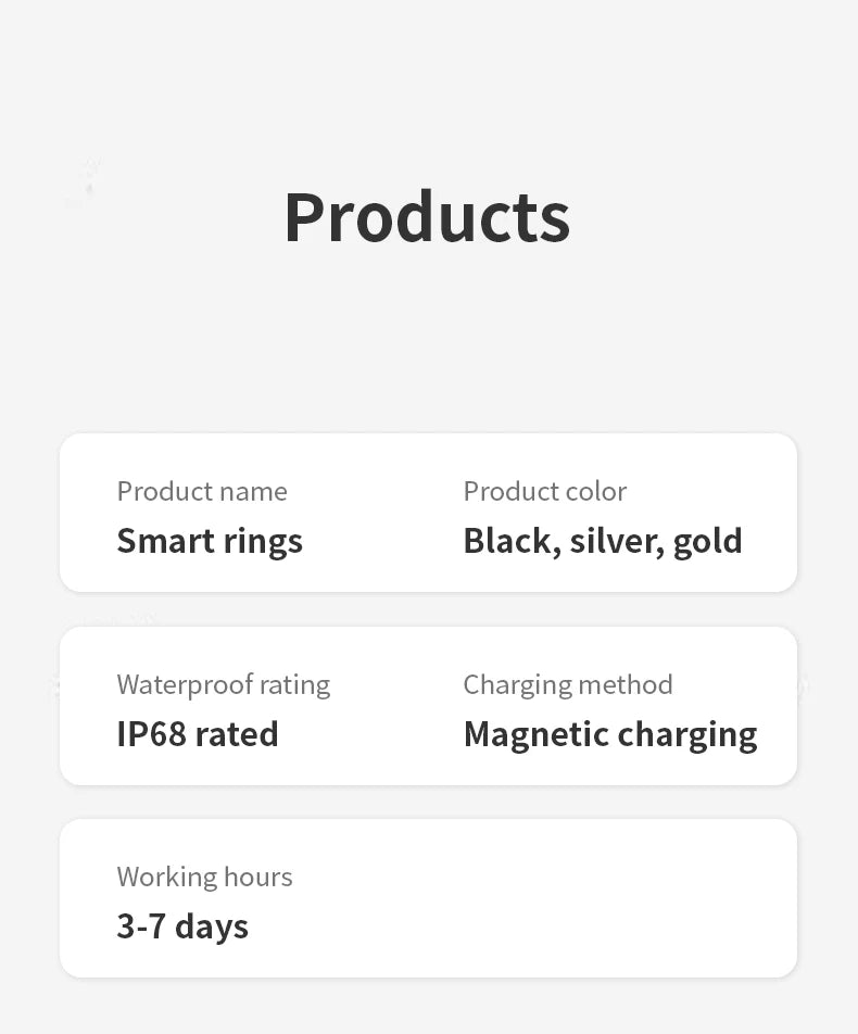 Health tracker ring product specs card: IP68 waterproof, magnetic charging