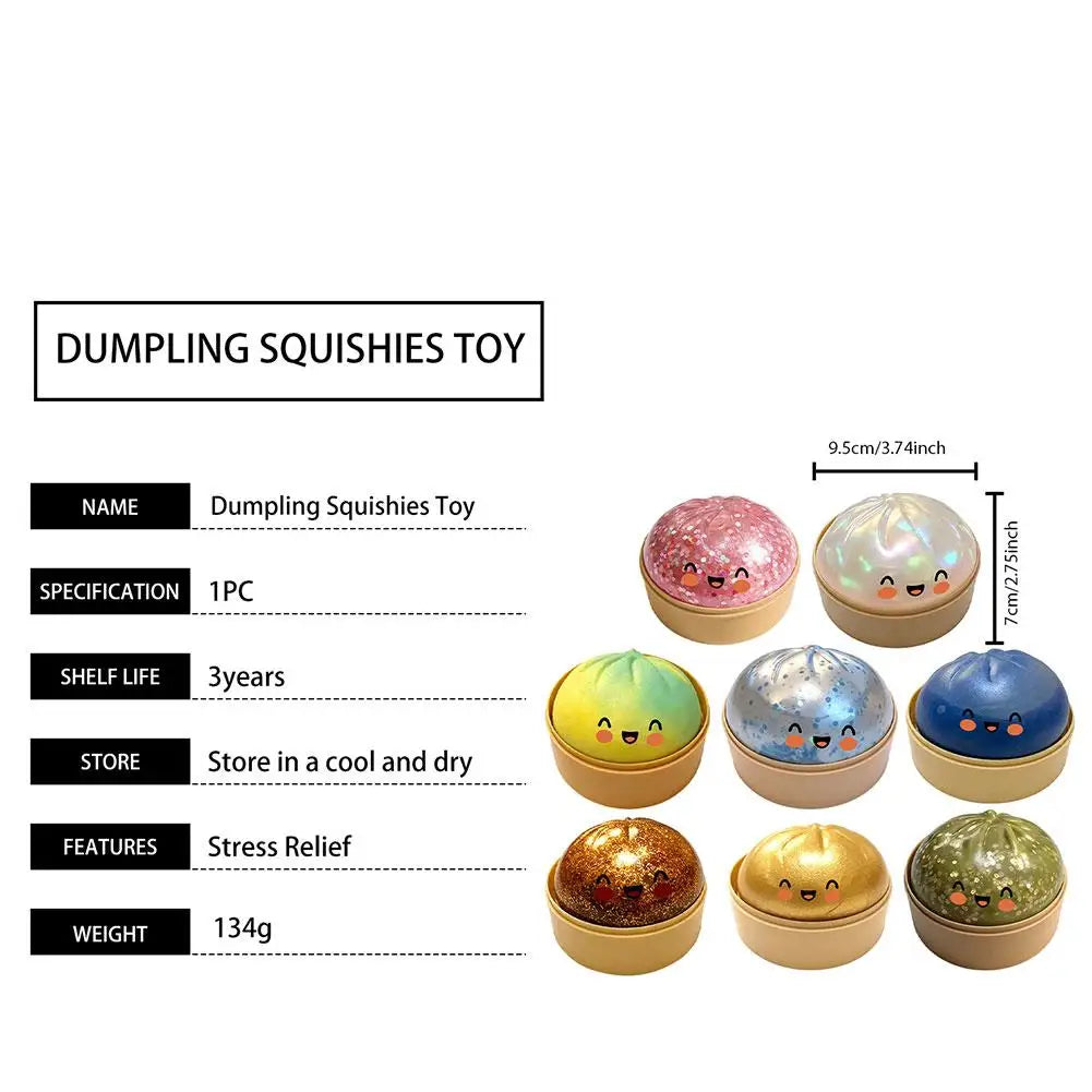 Dumpling squishy stress ball toy set with smiling faces in multiple glitter colors