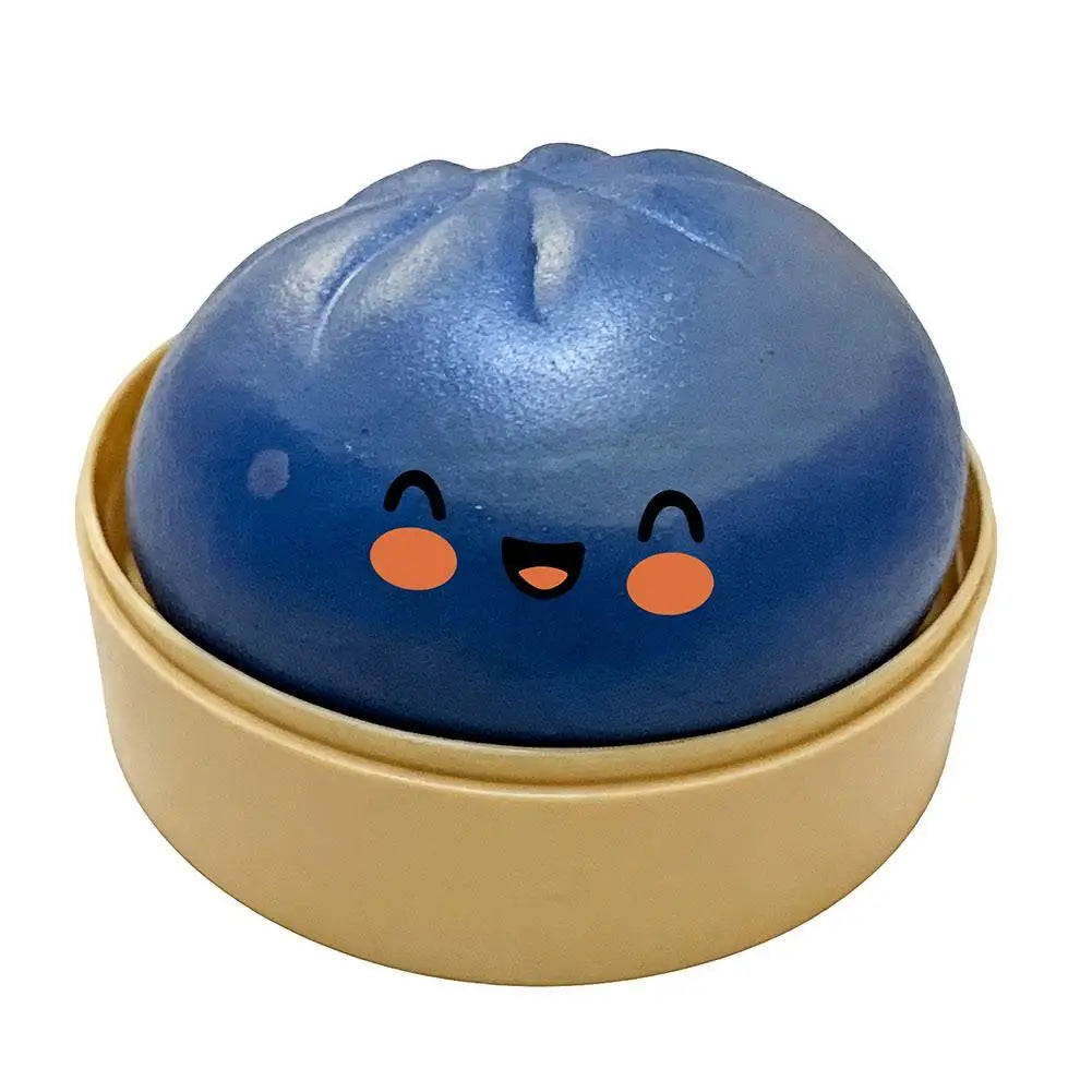 Blue squishy steamed bun stress ball with cute face and beige base lid
