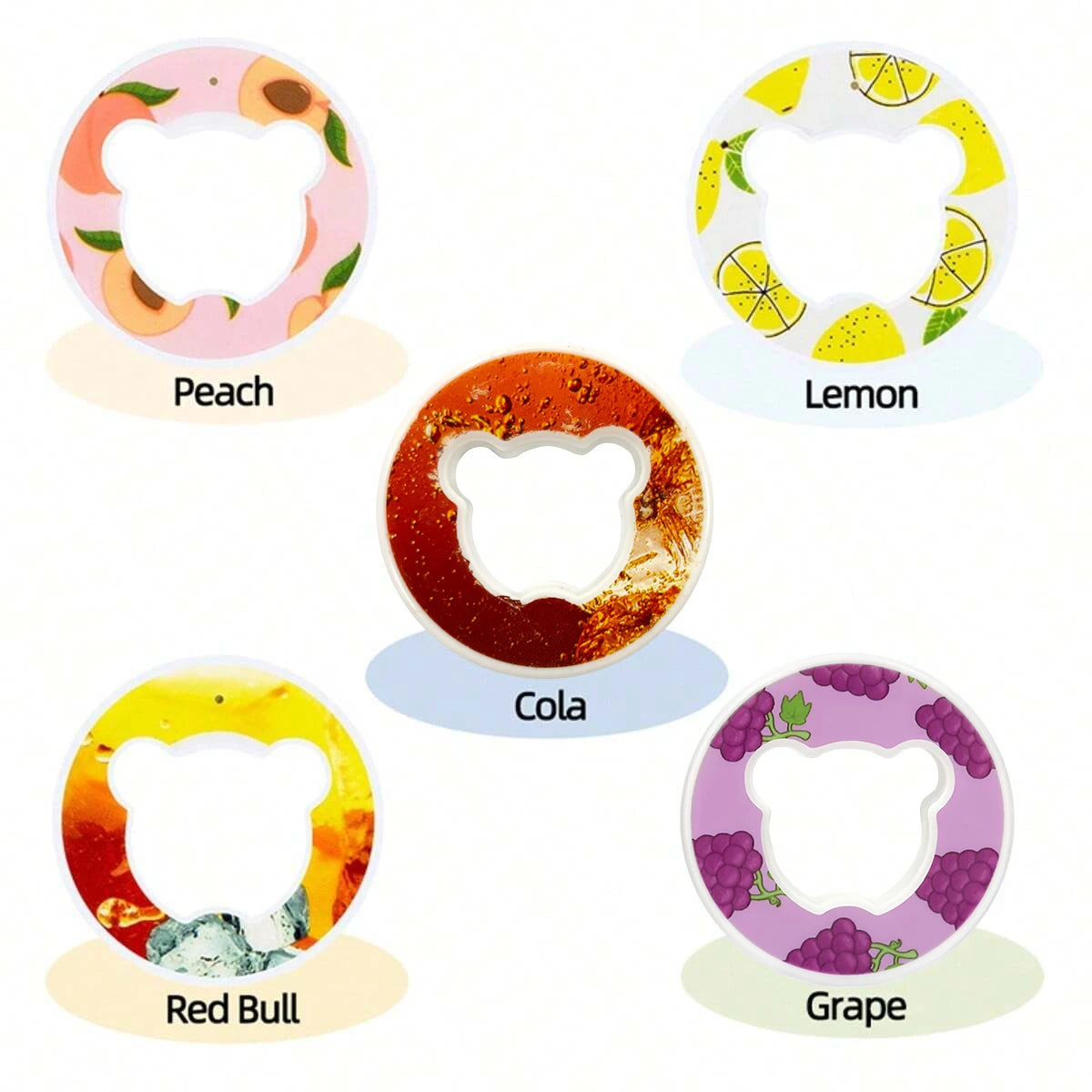 Assorted bear-shaped water bottle flavor pods with Peach, Lemon, Cola, Red Bull, Grape