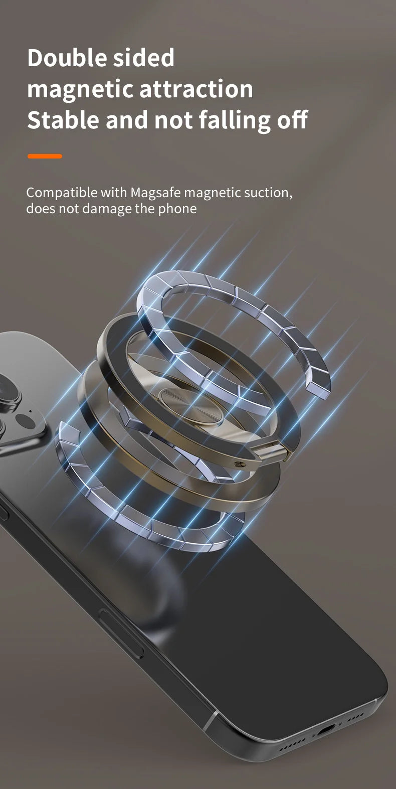 Magnetic phone stand with double-sided grip, angled for secure viewing