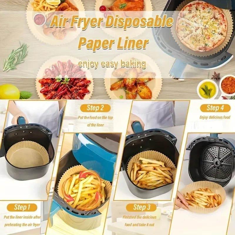 Air fryer disposable paper liner with baked food, plus stacked liners on a table