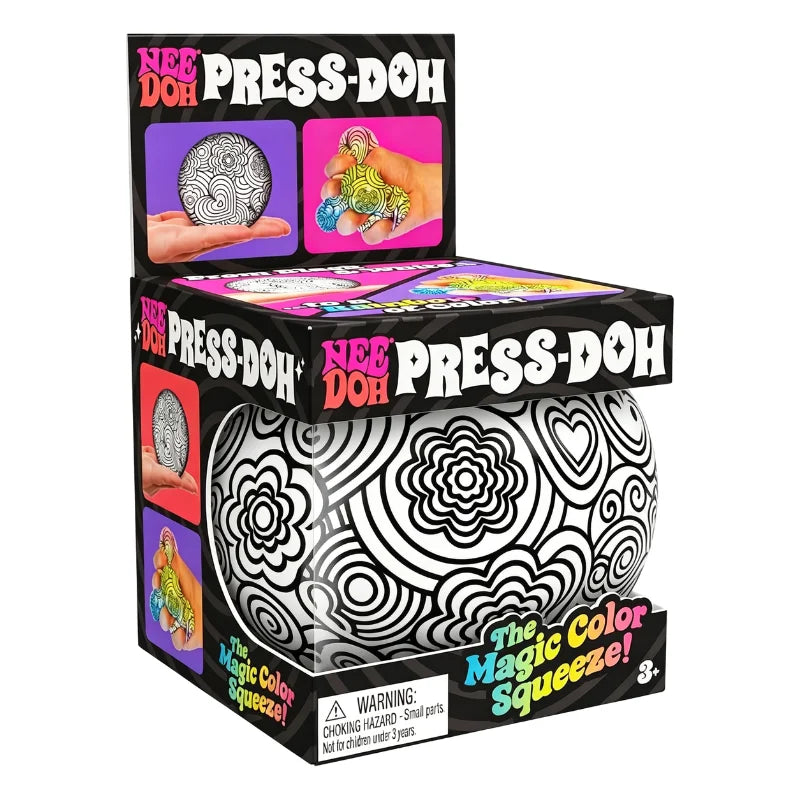 NeeDoh Press-Doh blind box with white-and-black heart and floral doodle ball artwork