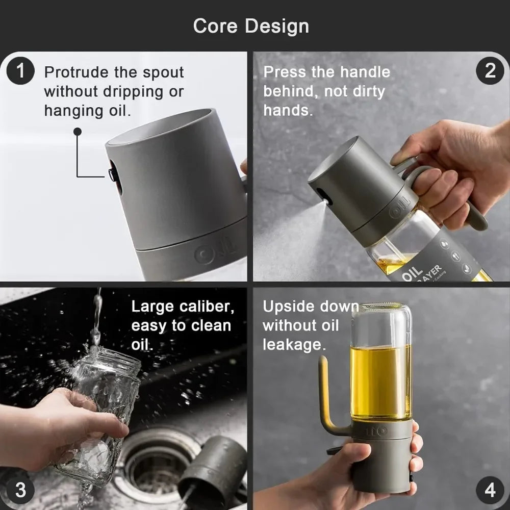 Oil sprayer bottle core design views: spout shape, handle press, and upside-down hold