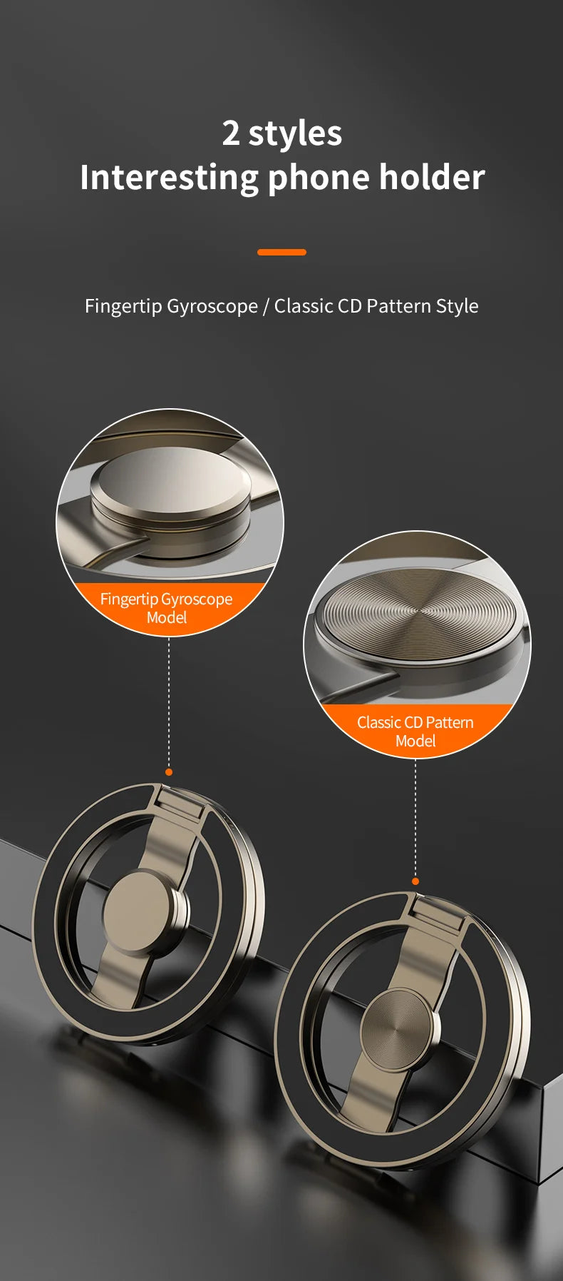 Silver magnetic phone stand with fingertip gyroscope stress toy
