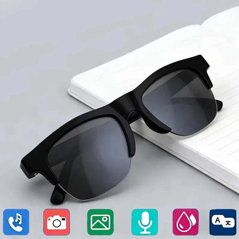 Smart AI sunglasses with matte-black frames and dark lenses on a white case.